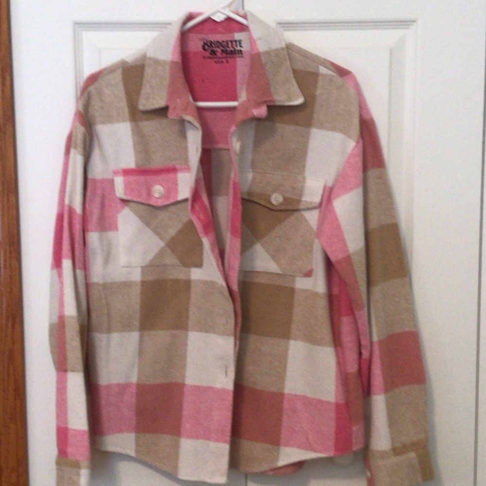 Cette Women's Pink and Tan Plaid Button Down Shirt